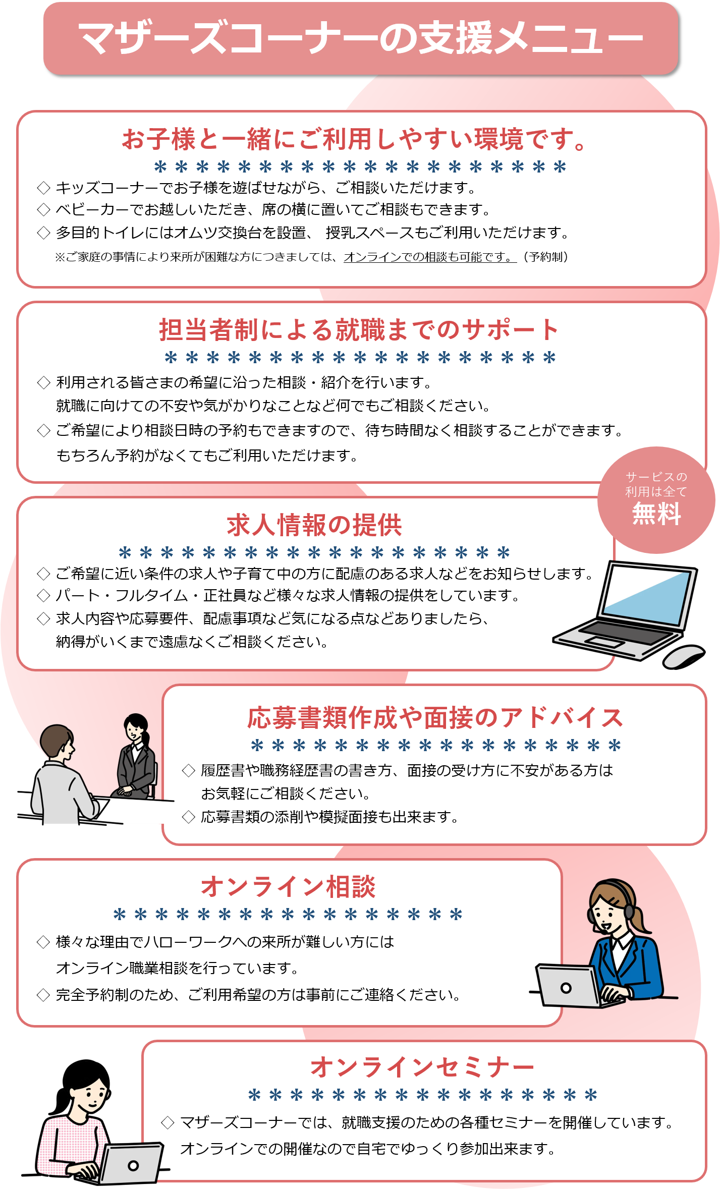 マザーズコーナーの支援メニュー案内